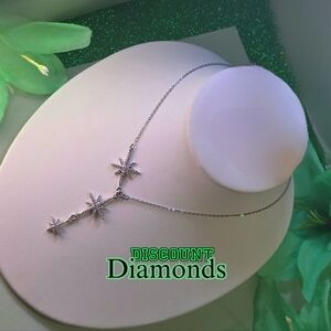 Three Star Lariat Choker Necklace Natural Zircon on 18K White Gold over Titanium